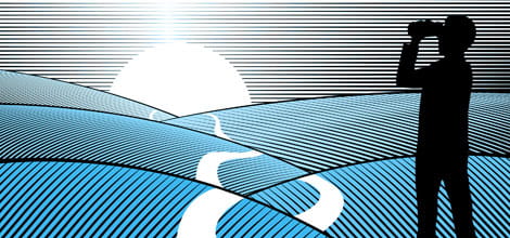 Illustration of figure looking at horizon, blue filter